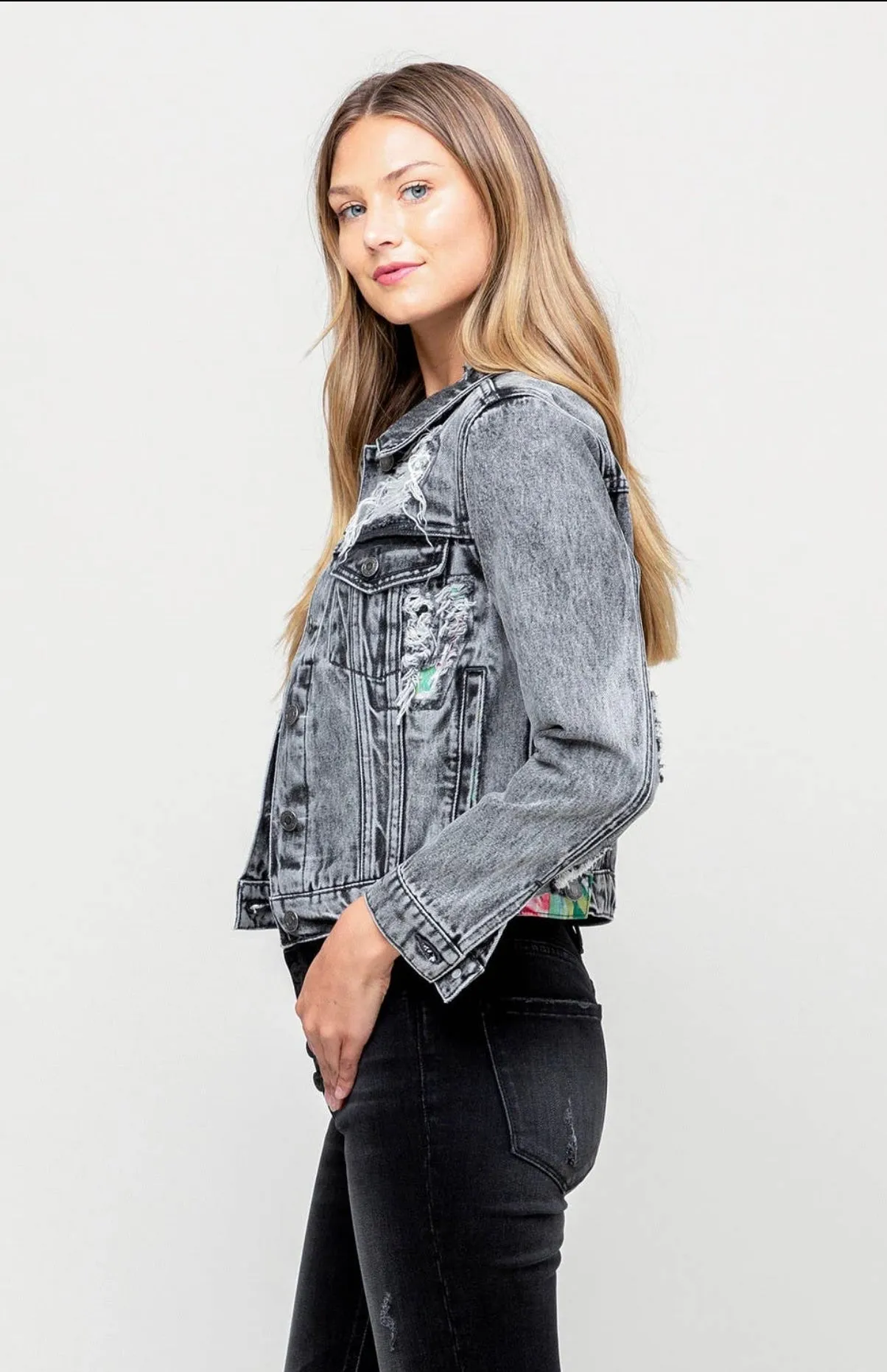 Kimber Distressed Patched Denim Jacket