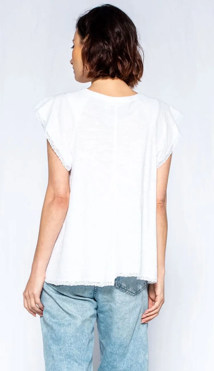 Lace Edge Flutter Sleeve Shifted He Trapeze Scoopy Neck Tee