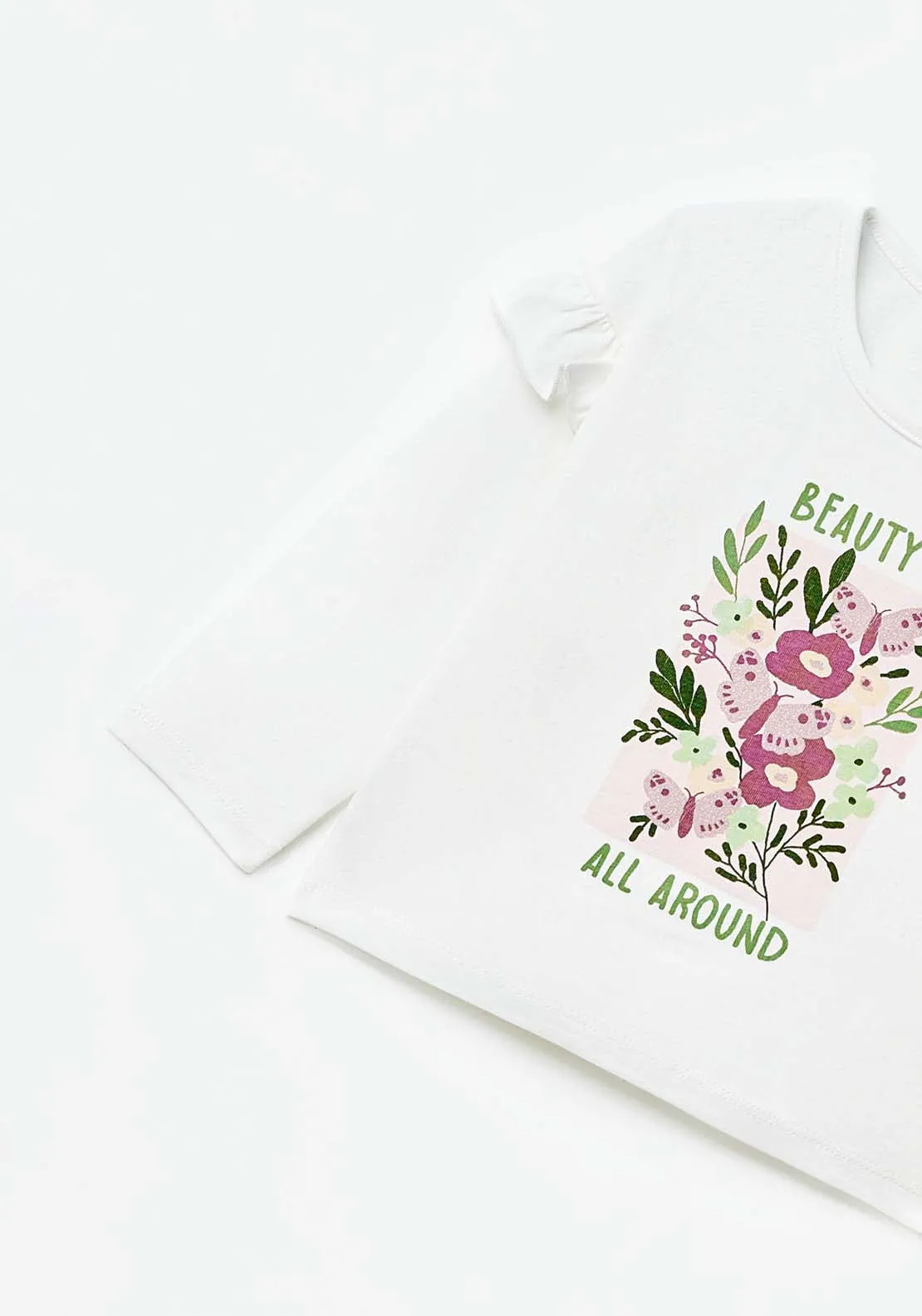 Long Sleeve Flower Print Tshirt - White