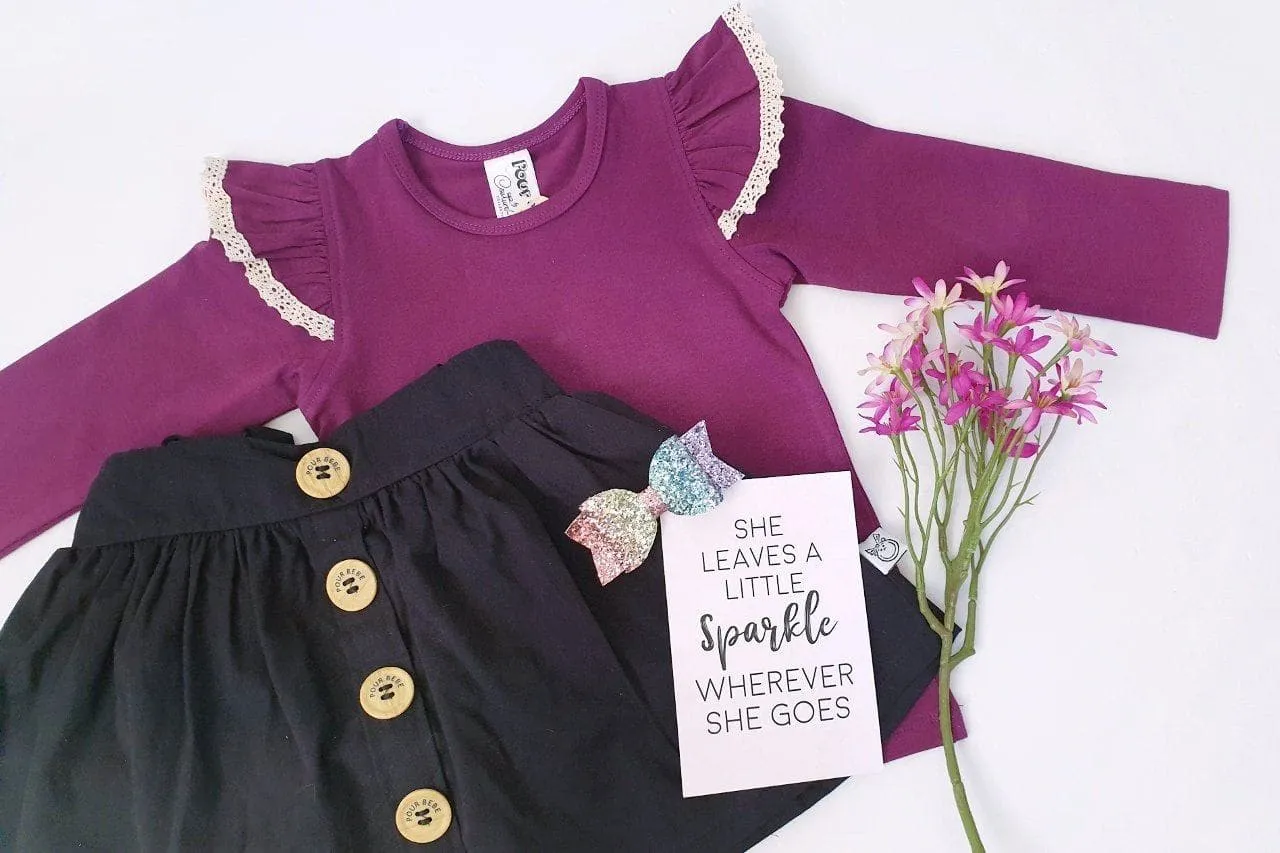 Long Sleeve Flutter Tee with Lace - Plum