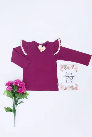 Long Sleeve Flutter Tee with Lace - Plum