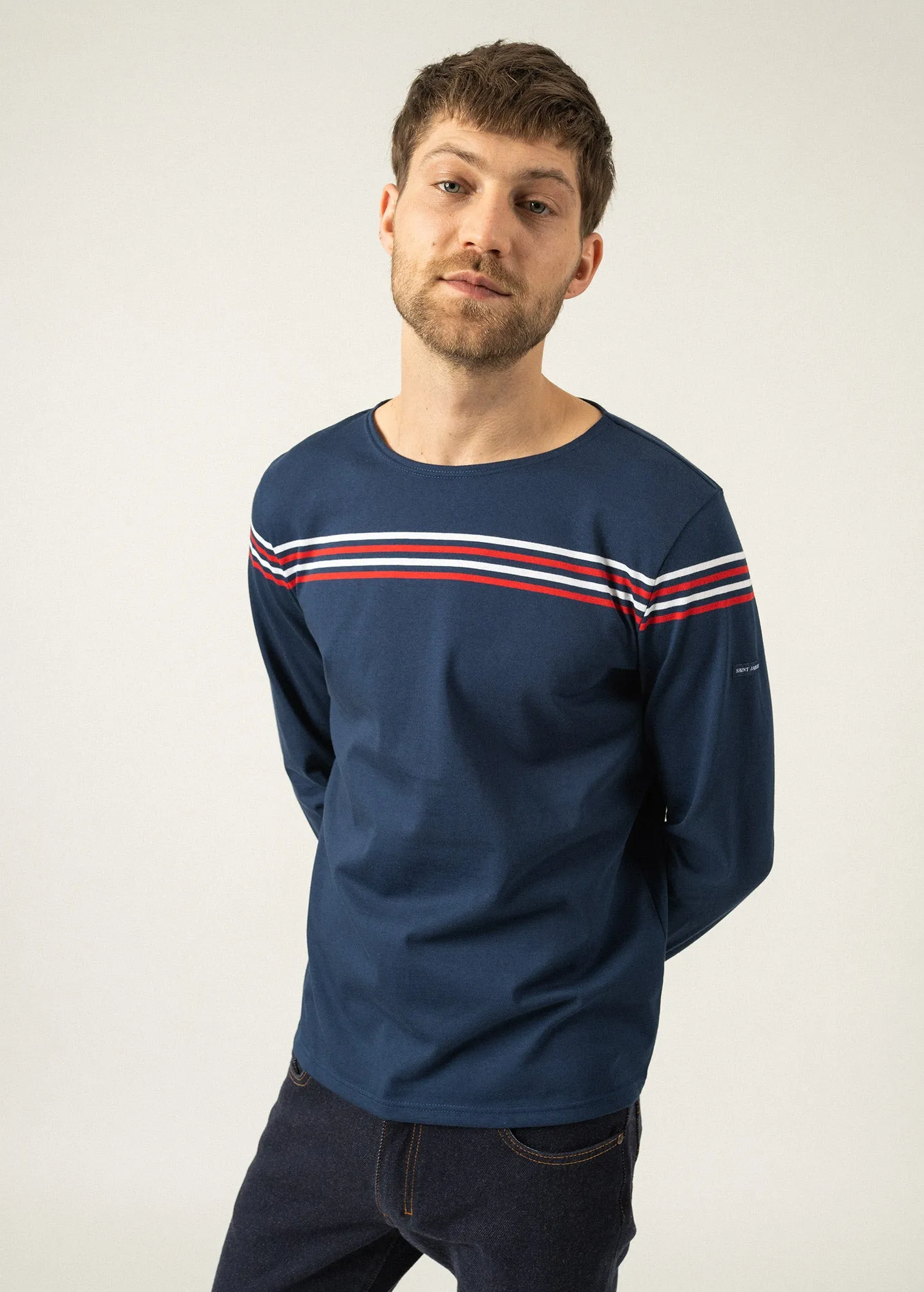 Long sleeve t-shirt with placed stripes - SAINT JAMES x Elysée (MARINE/TULIPE/NEIGE)