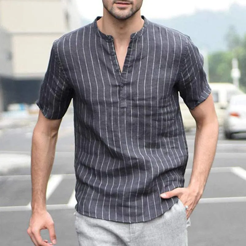 Men Striped Short Sleeves Blouse Shirt