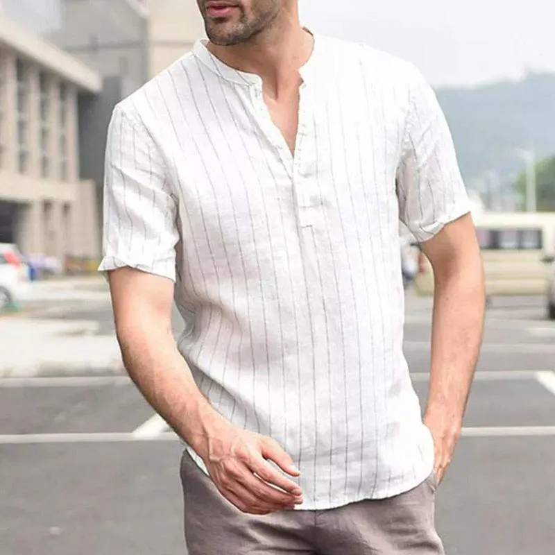 Men Striped Short Sleeves Blouse Shirt