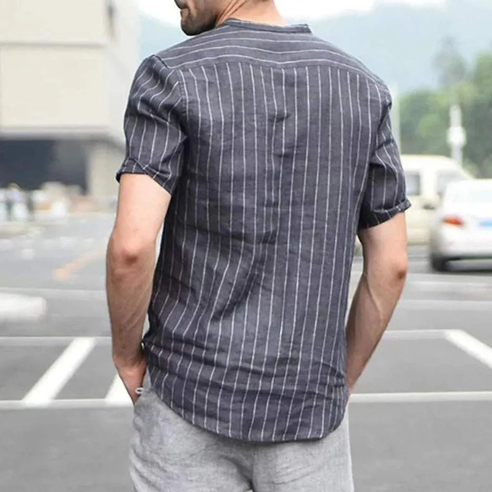 Men Striped Short Sleeves Blouse Shirt