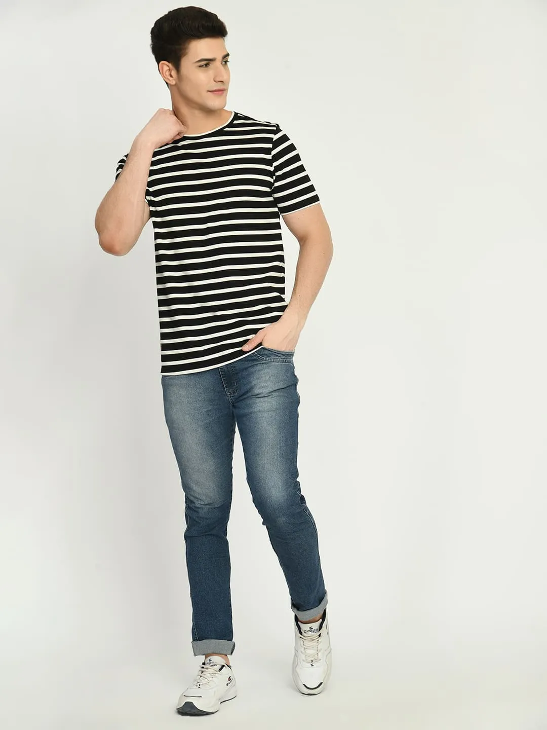 Men's Black White Striped Regular Fit T-Shirt