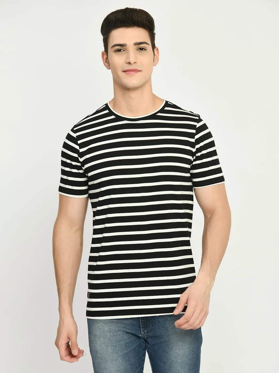 Men's Black White Striped Regular Fit T-Shirt