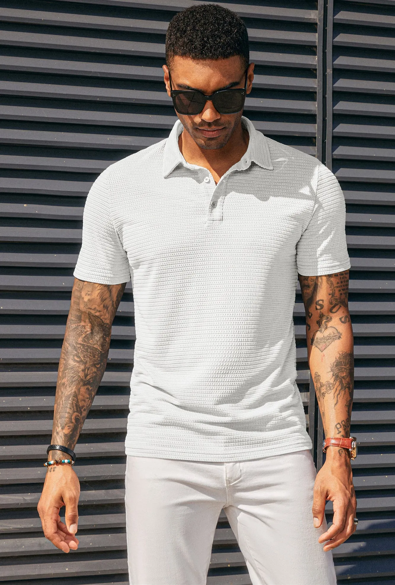 Men's Knit Polo Shirts Short Sleeve Casual Button Up Shirts Solid Collared Golf Shirts Tops