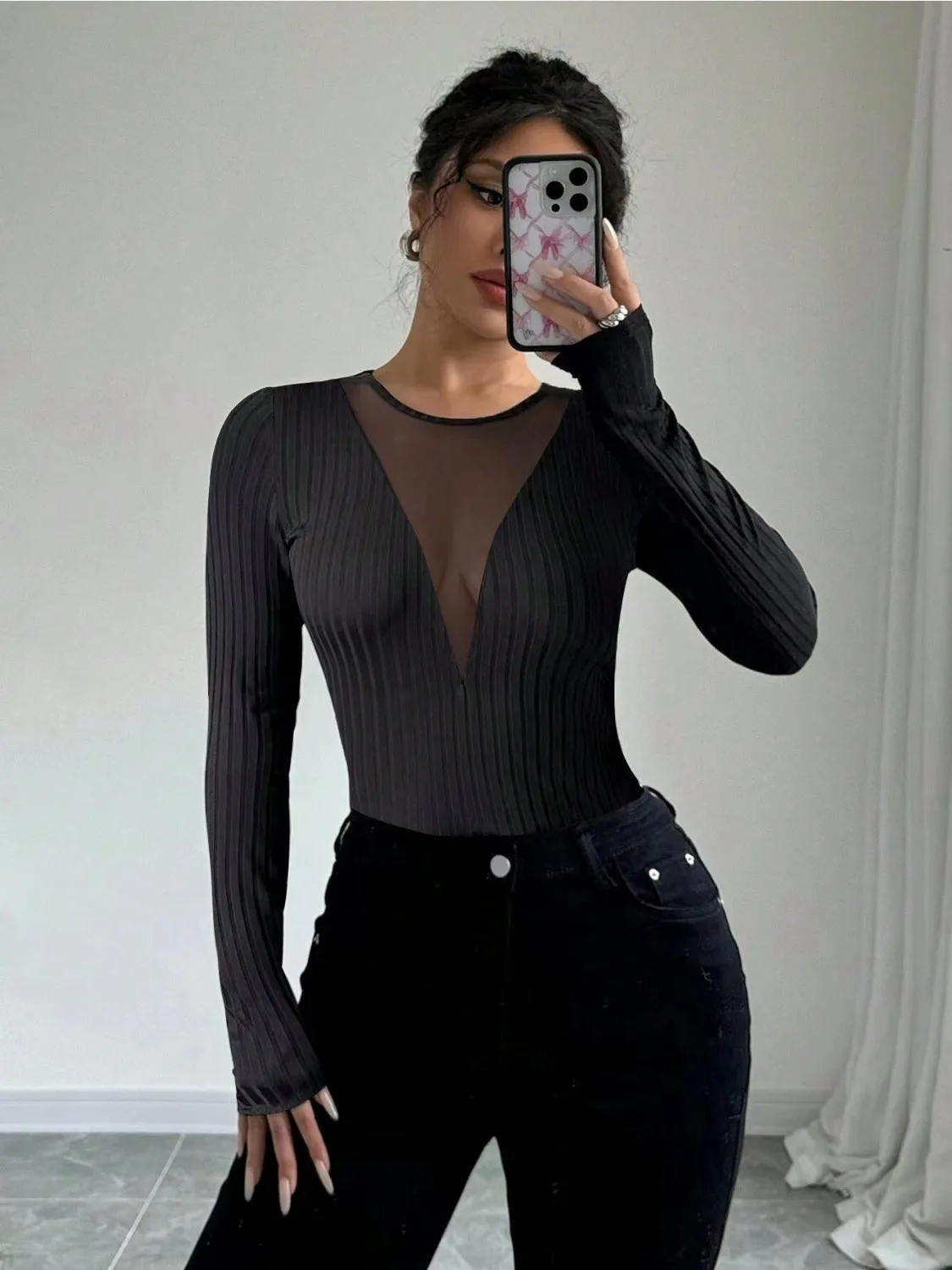 Mesh Detail Round Neck Long Sleeve Top