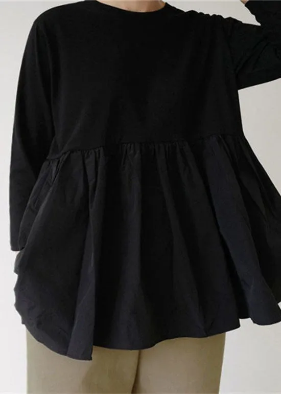 Modern Black O-Neck Ruffled Patchwork Cotton T Shirt Top Spring LY1981