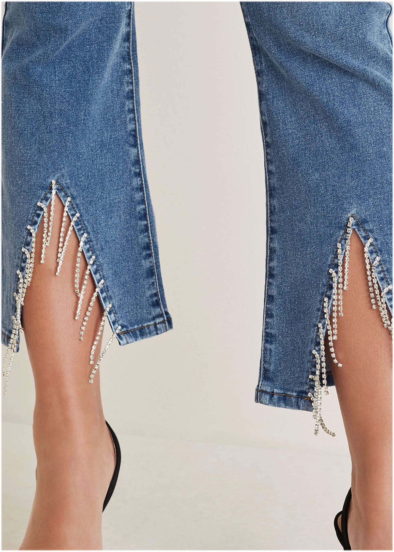 Rhinestone Kick Flare Jeans - Medium Wash