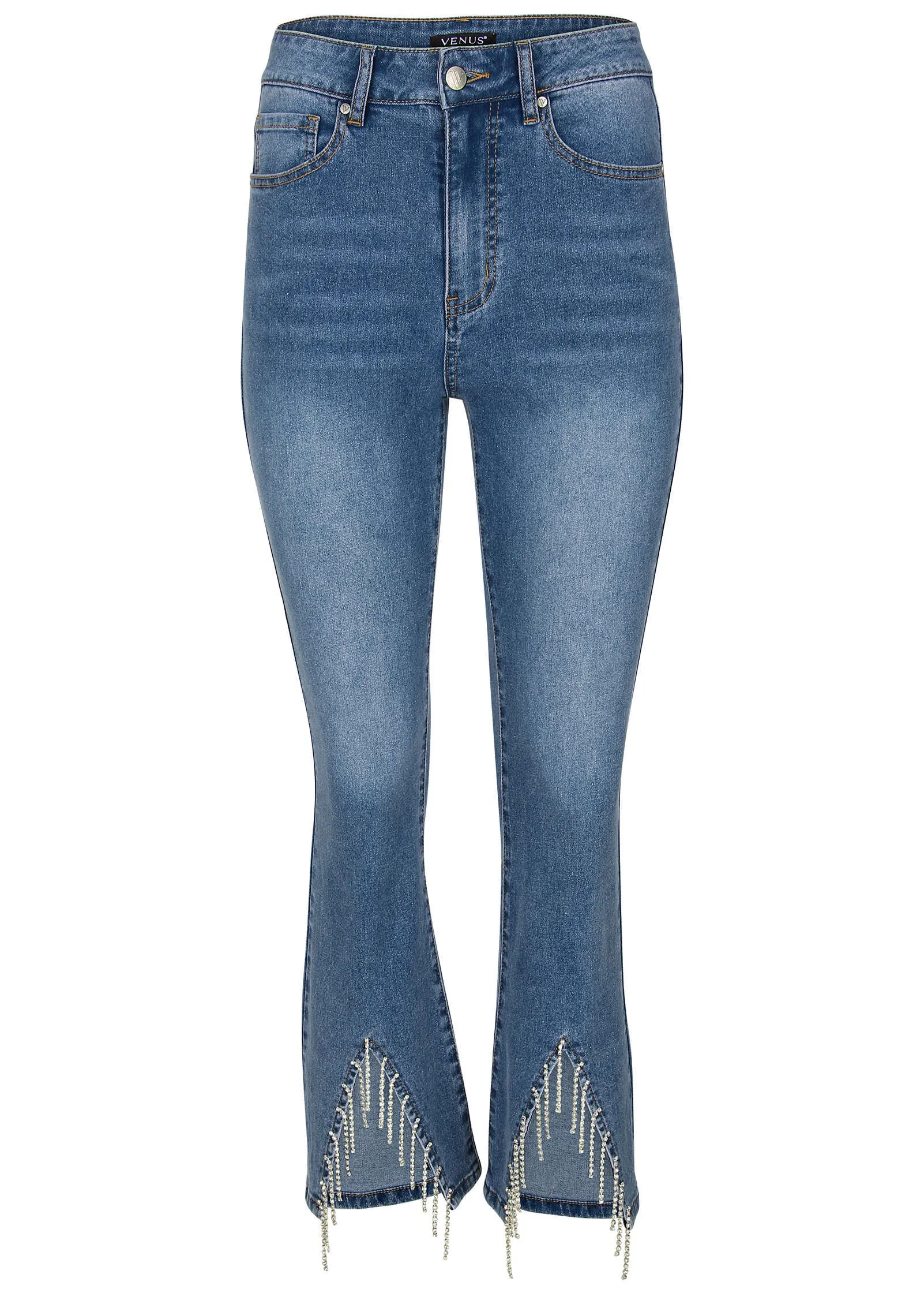 Rhinestone Kick Flare Jeans - Medium Wash