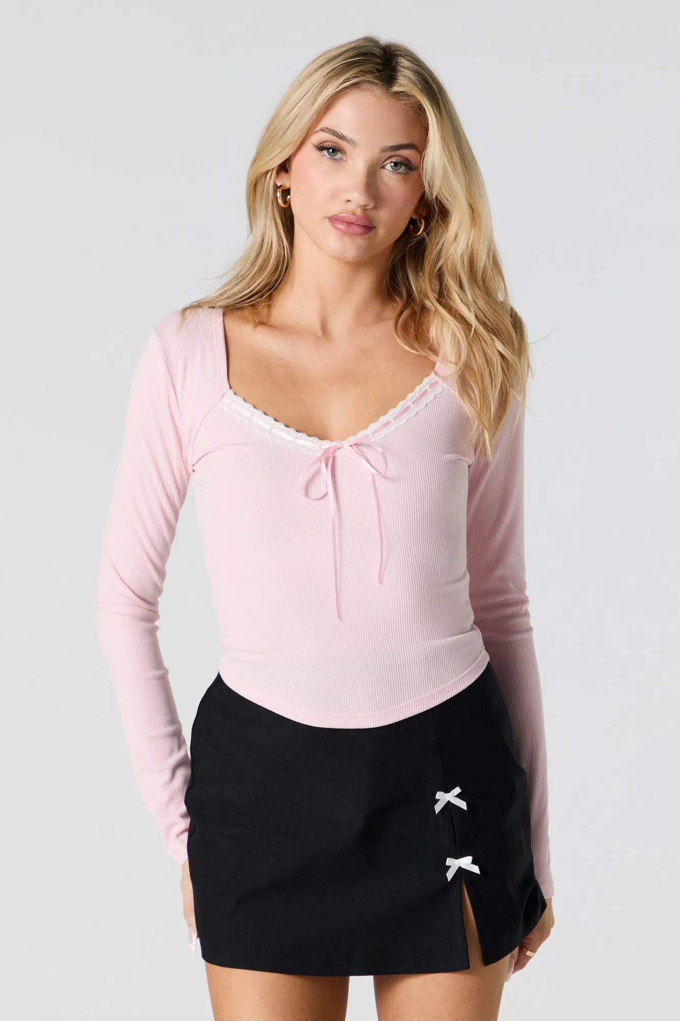 Ribbed Lace Ribbon Trim Long Sleeve Top