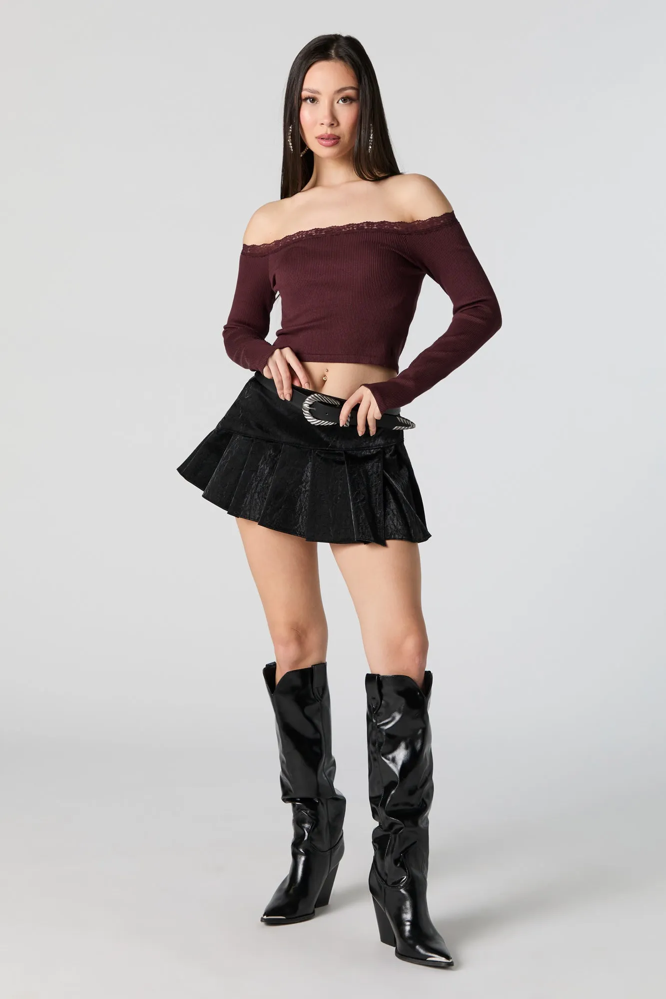 Ribbed Lace Trim Off Shoulder Long Sleeve Top