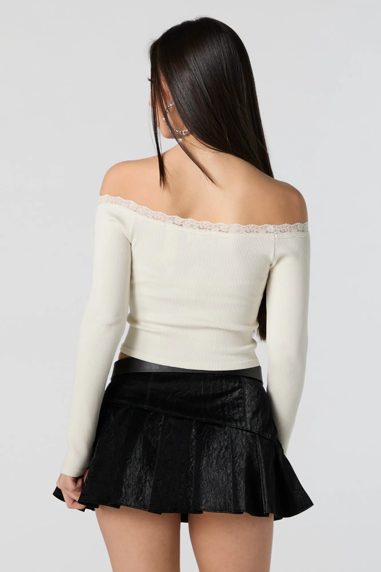 Ribbed Lace Trim Off Shoulder Long Sleeve Top