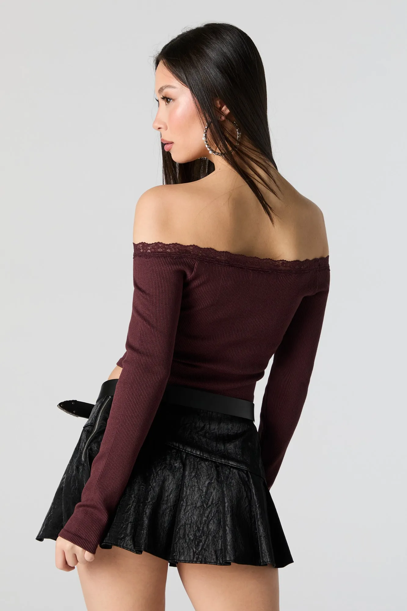 Ribbed Lace Trim Off Shoulder Long Sleeve Top