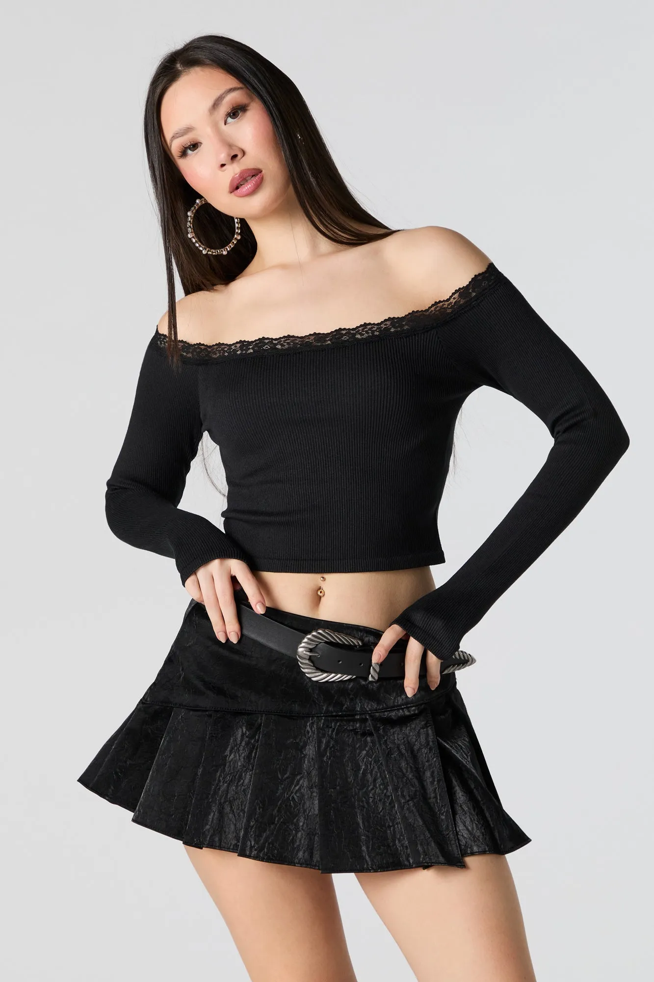 Ribbed Lace Trim Off Shoulder Long Sleeve Top