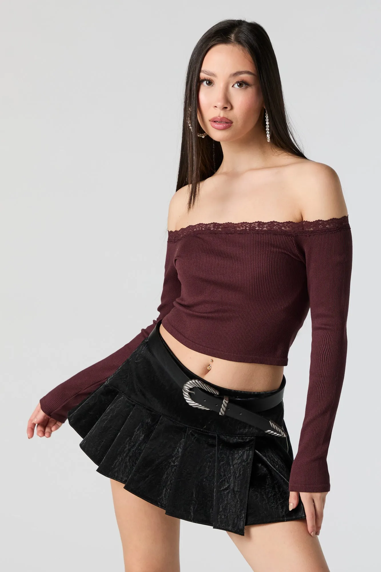 Ribbed Lace Trim Off Shoulder Long Sleeve Top