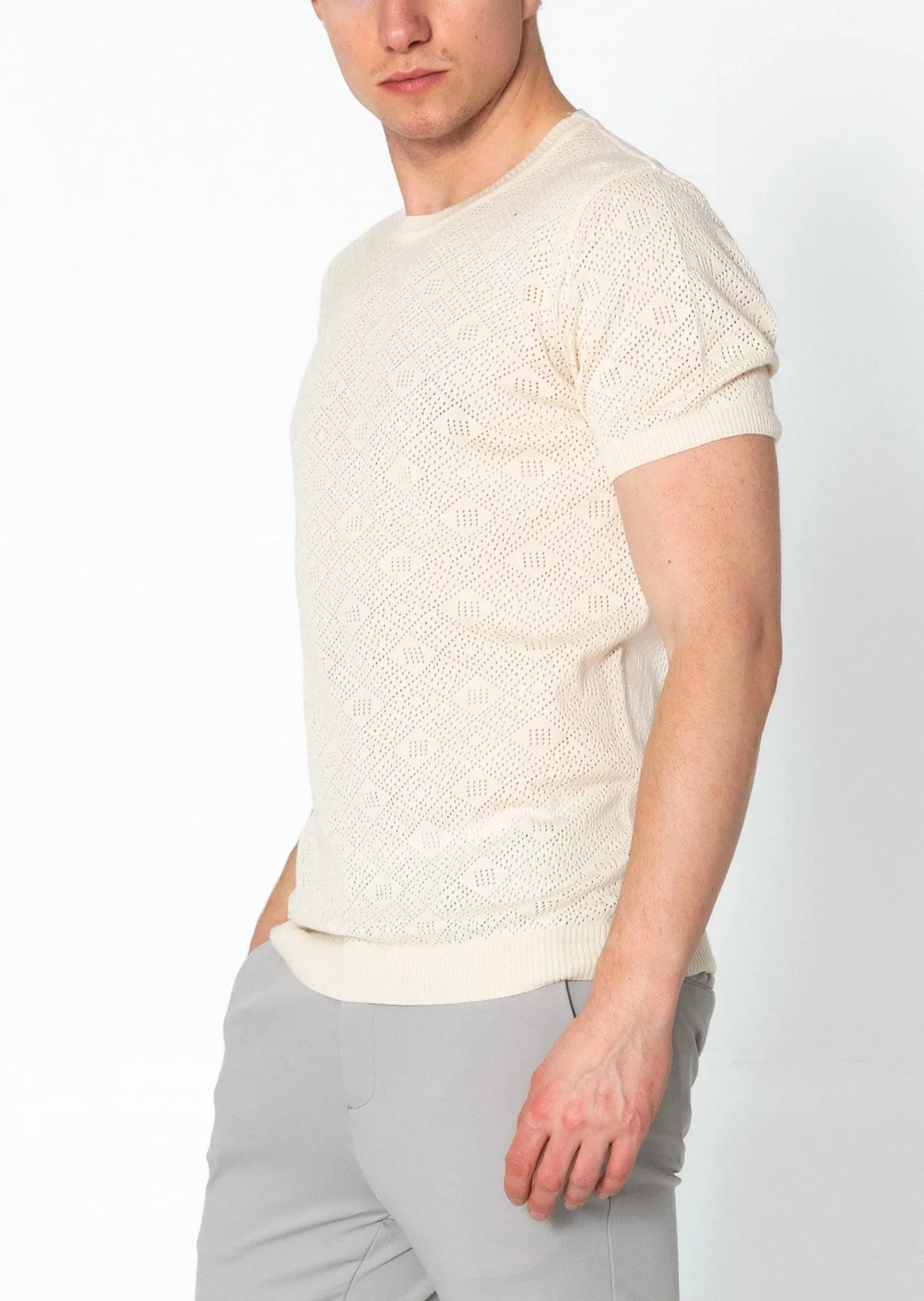 RNT23 Geometric crochet t-shirt beige