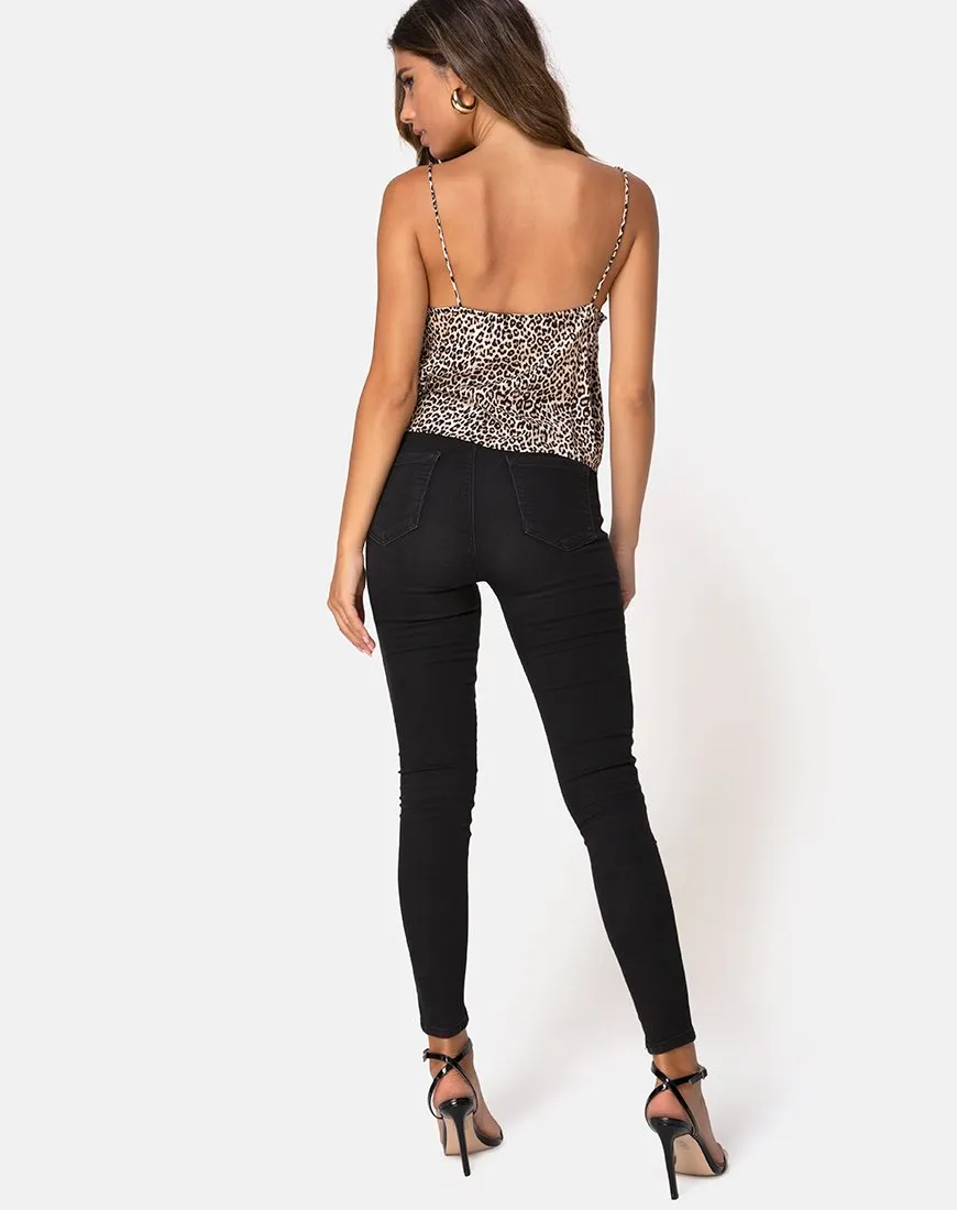 Sancez Top in Rar Leopard Brown with Black Lace