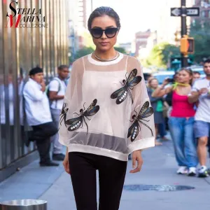 Sheer Oversized  Dragonfly Long Sleeve Transparent T-shirt