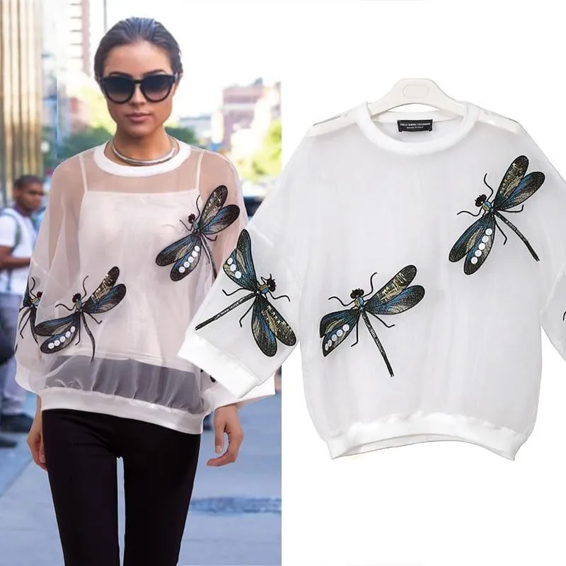 Sheer Oversized  Dragonfly Long Sleeve Transparent T-shirt