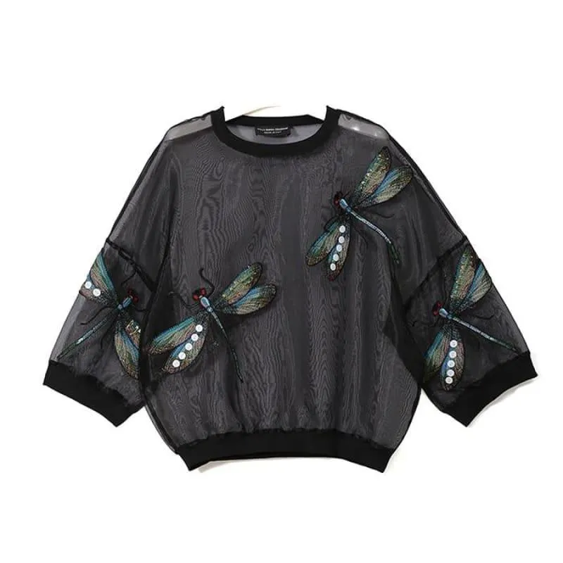 Sheer Oversized  Dragonfly Long Sleeve Transparent T-shirt