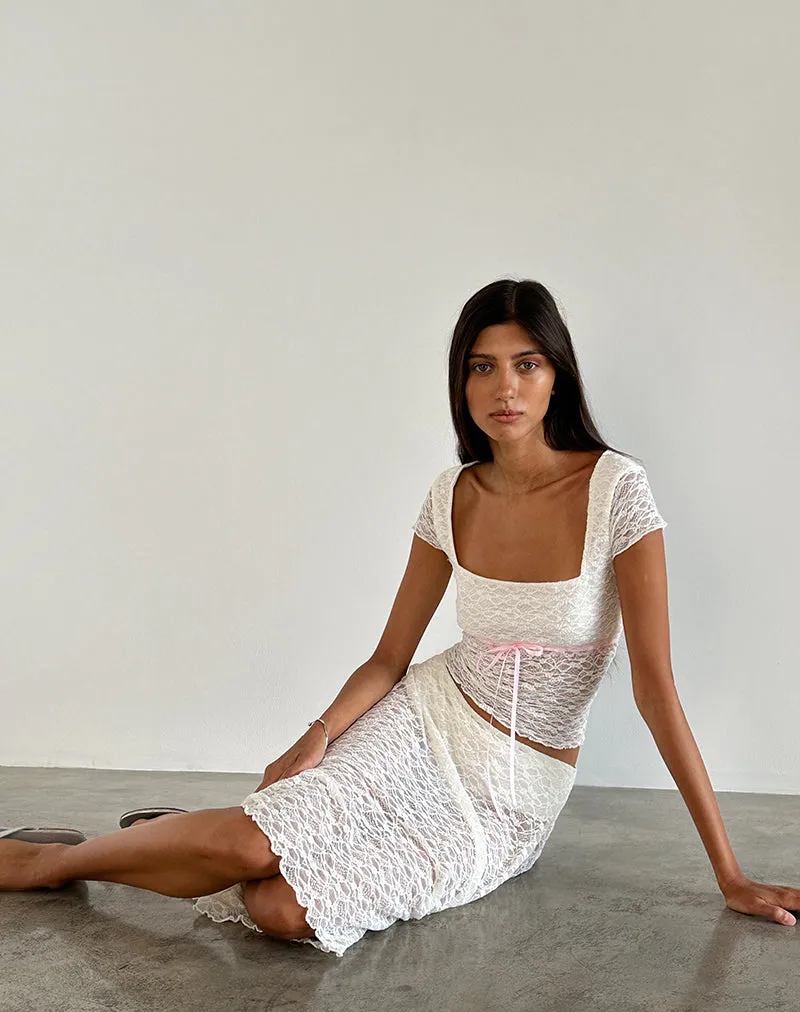 Sherine Lace Top in Cream with Pink Binding