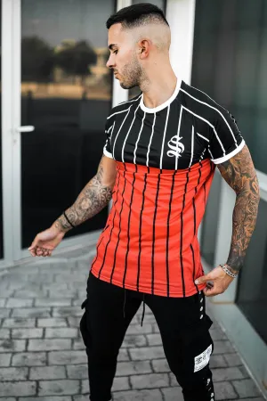 Split Pinstripe Tee - Black/Red