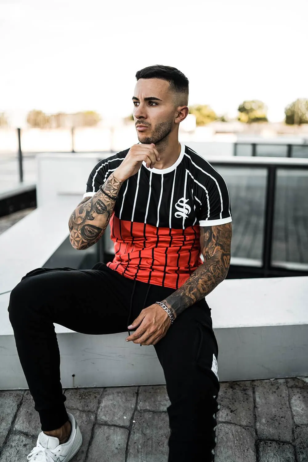 Split Pinstripe Tee - Black/Red