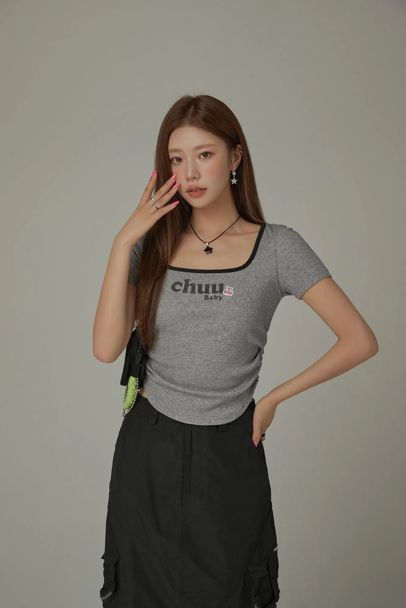 Square Neck Shirring Logo Printed T-Shirt