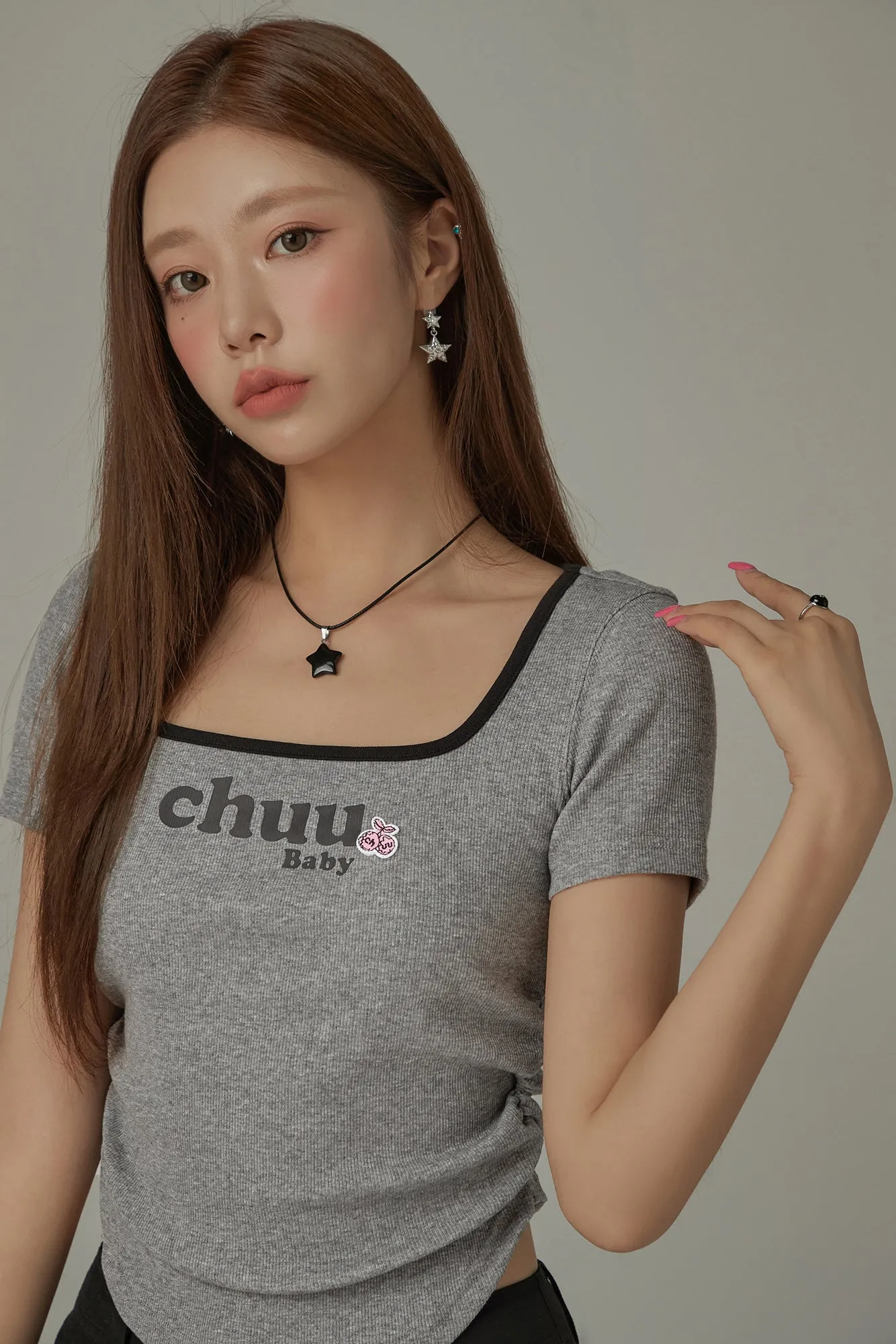 Square Neck Shirring Logo Printed T-Shirt