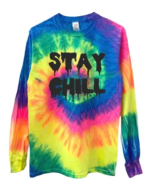 STAY CHILL Neon Rainbow Tie-Dye Graphic Long Sleeve Unisex Tee