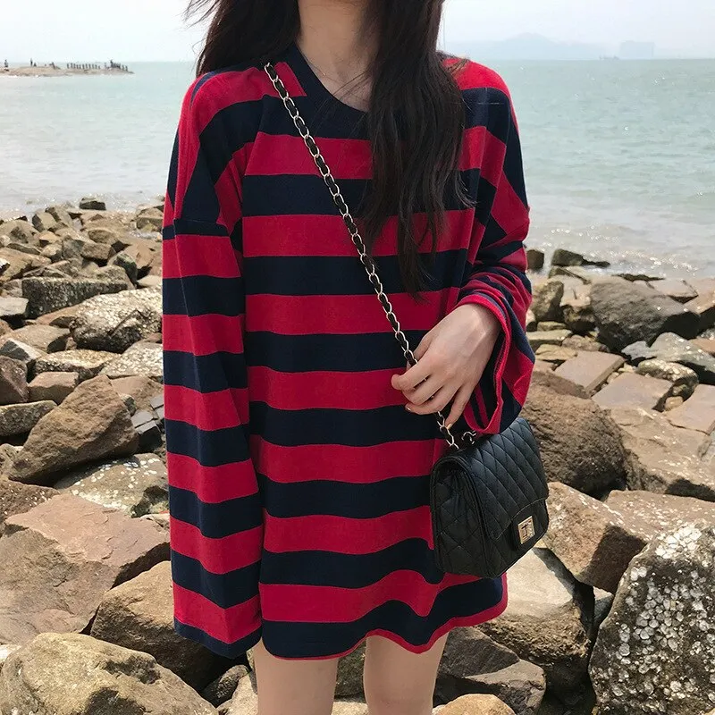 Striped Shirt Blouse Harajuku Couple Tops Woman T-Shirt Spring Long Sleeve Gothic Shirts