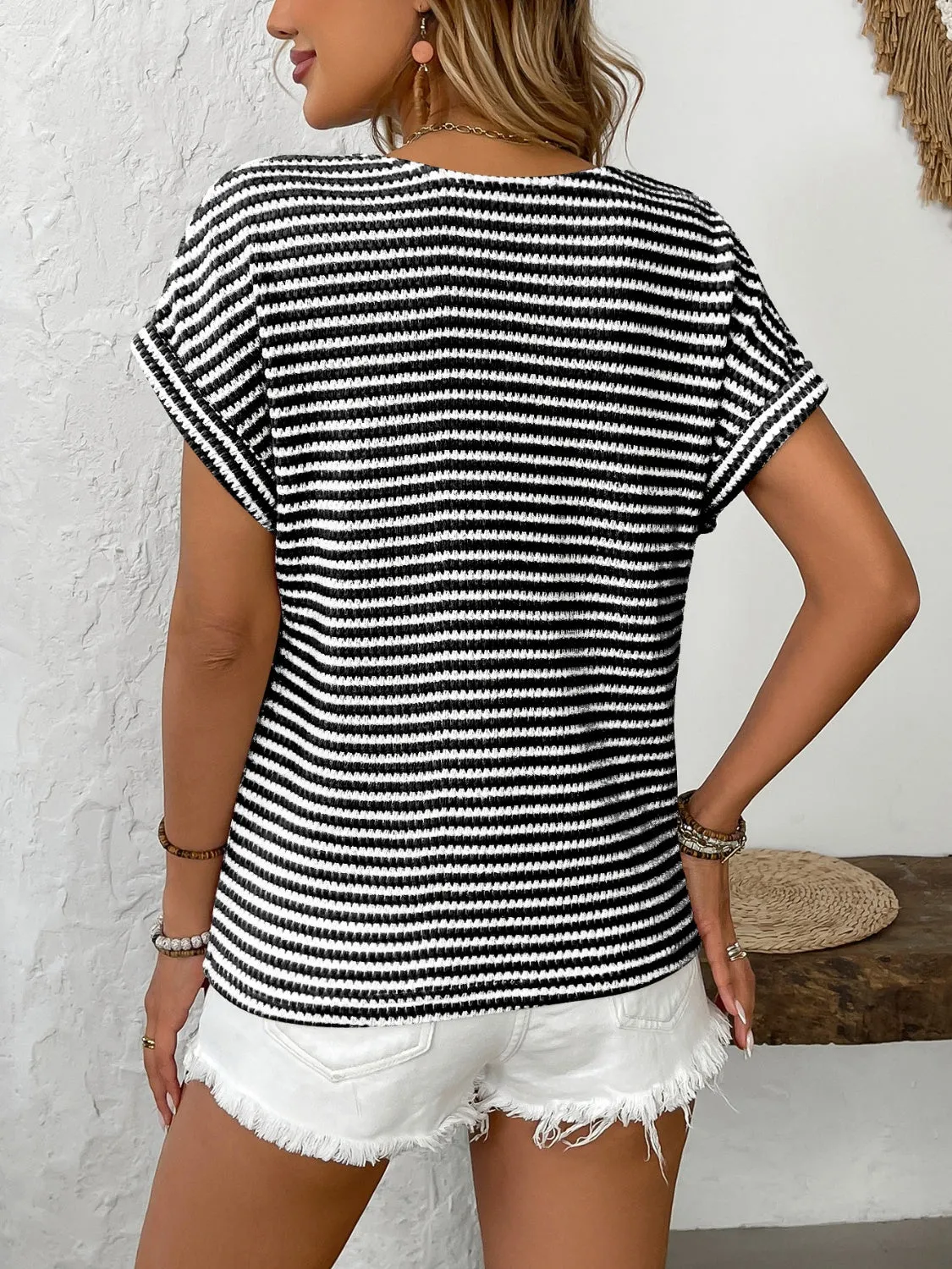 Striped V-Neck Short Sleeve T-Shirt