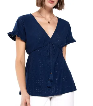 Swiss Embroidery Lace Tassels T-Shirt Blue