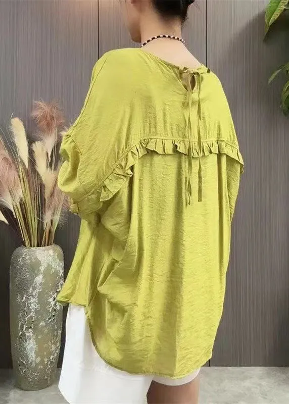 Women Green Ruffled Lace Up Linen T Shirt Batwing Sleeve MN095