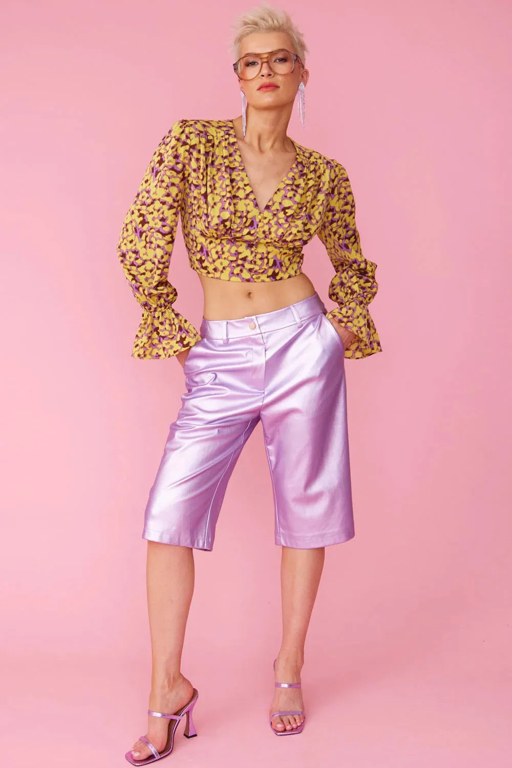 Yellow Purple Silk Blend Cropped Blouse