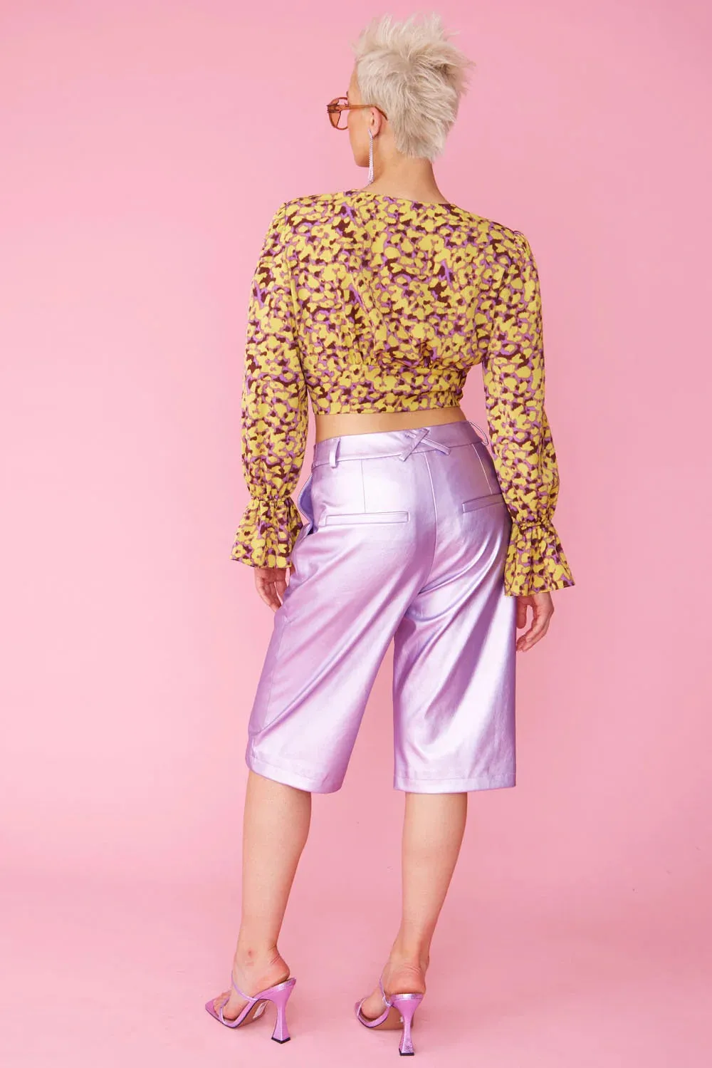 Yellow Purple Silk Blend Cropped Blouse