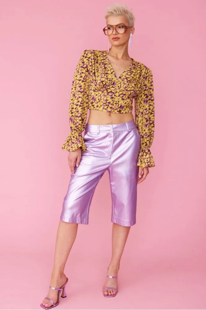 Yellow Purple Silk Blend Cropped Blouse